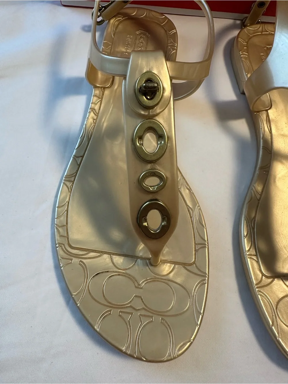 Coach Metallic Gold T-Strap Jelly Sandals with Logo Detail Size-9B